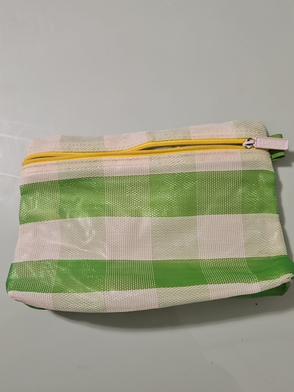 Clinique Green and Light Pink Check Cosmetic Pouch with Yellow Zip